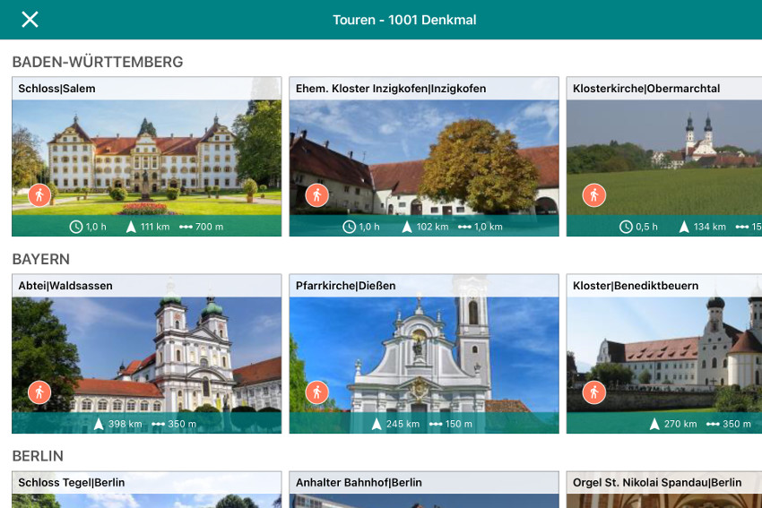 Tourauswahl 1001 Denkmal App